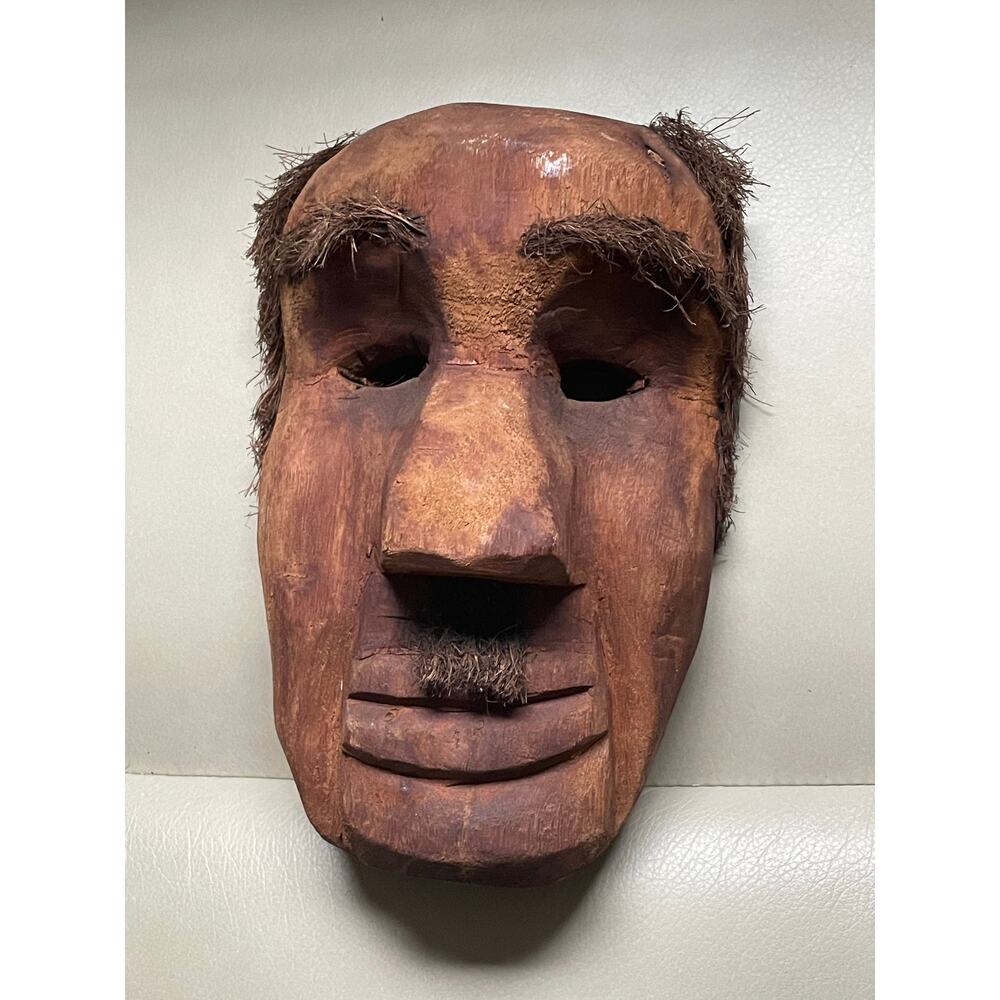 Hand-Carved Mapuche Style Ceremonial Mask Indigenous Solid Wood w Natural Fibers